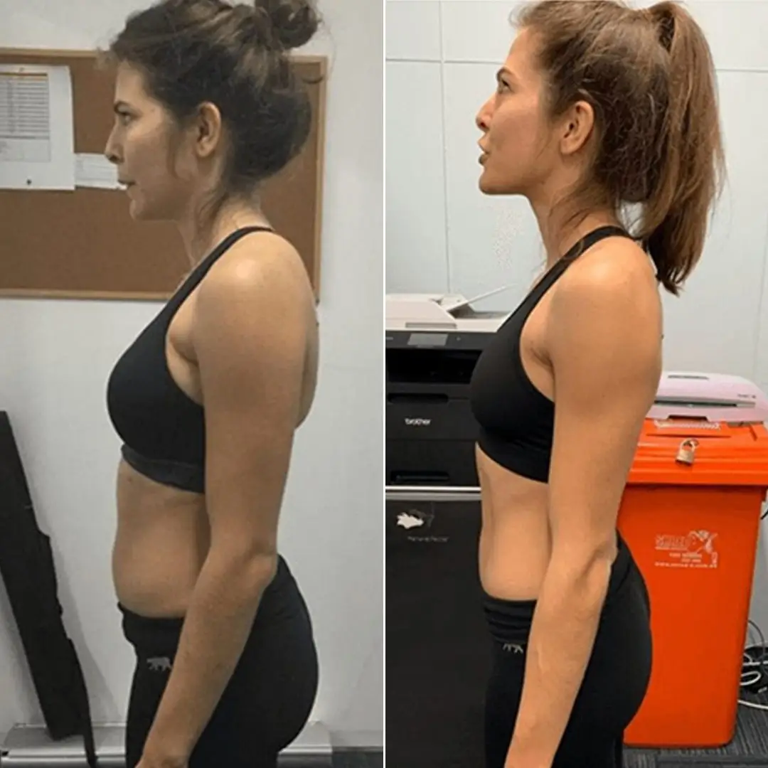 Before & after photo showing a woman's body transformation with personal training at Catalyst Training Co gym in Eastern Suburbs, Sydney.