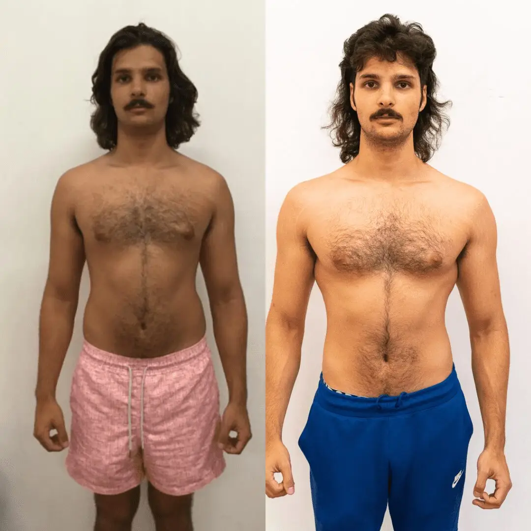 Before & after photo showing a man's body transformation with personal training at Catalyst Training Co. gym in Randwick.