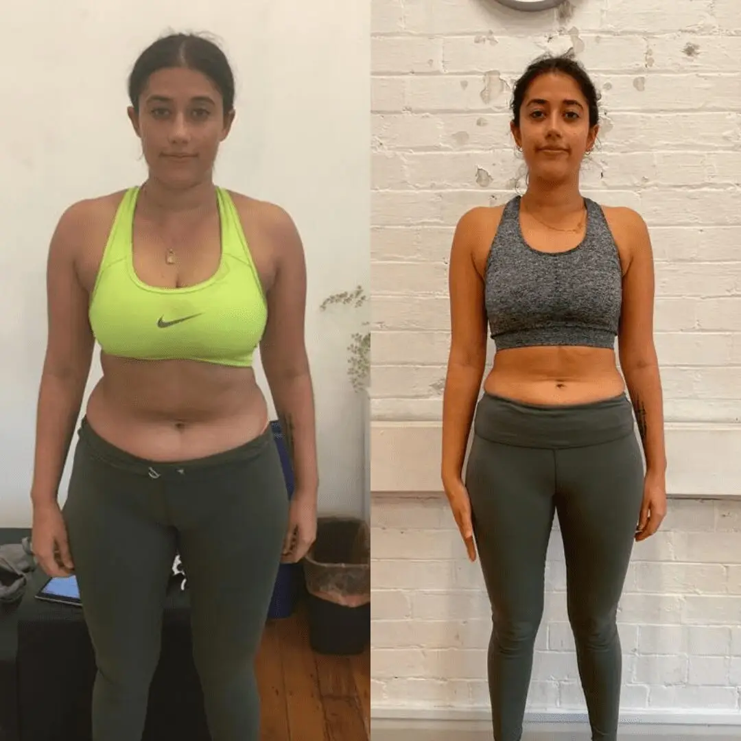 Before & after photo showing a woman's body transformation with personal training at Catalyst Training Co. gym in Randwick.