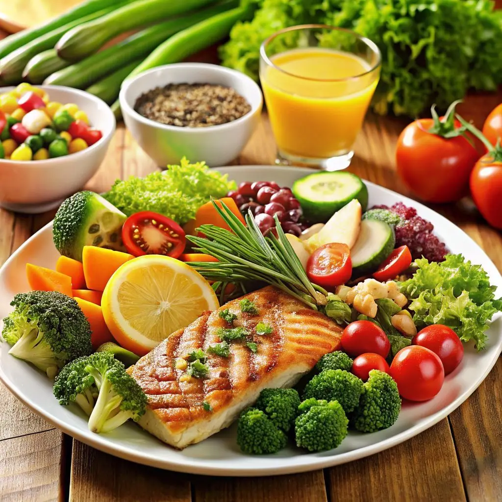 A grilled fish fillet served with fresh broccoli, tomatoes, and citrus alongside a glass of juice.