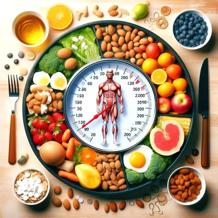 A round plate of healthy food sections centered around a weight scale with a human anatomy figure.