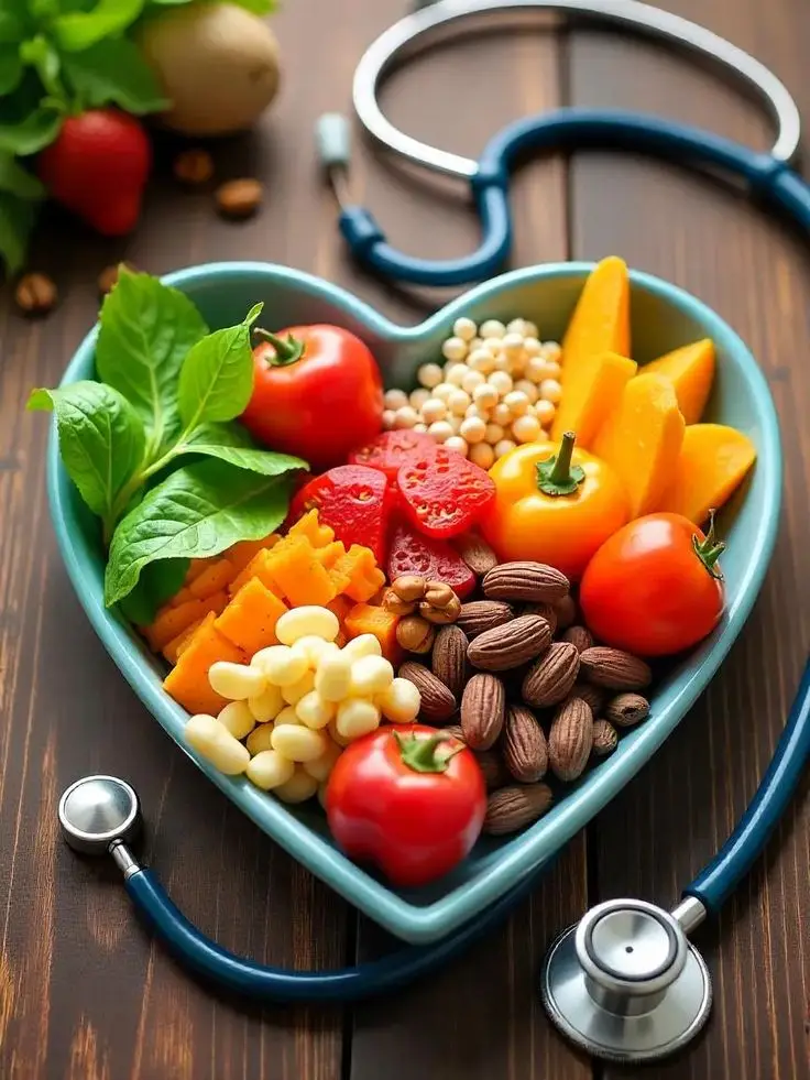 Heart-shaped bowl filled with healthy vegetables and nuts, surrounded by a medical stethoscope.