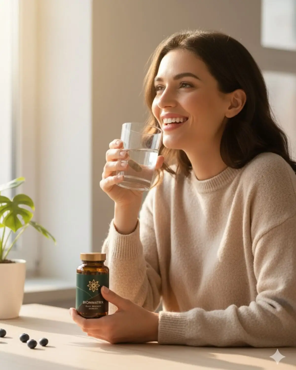 Woman smiling while holding a glass of water and a supplement bottle at a sunlit table.